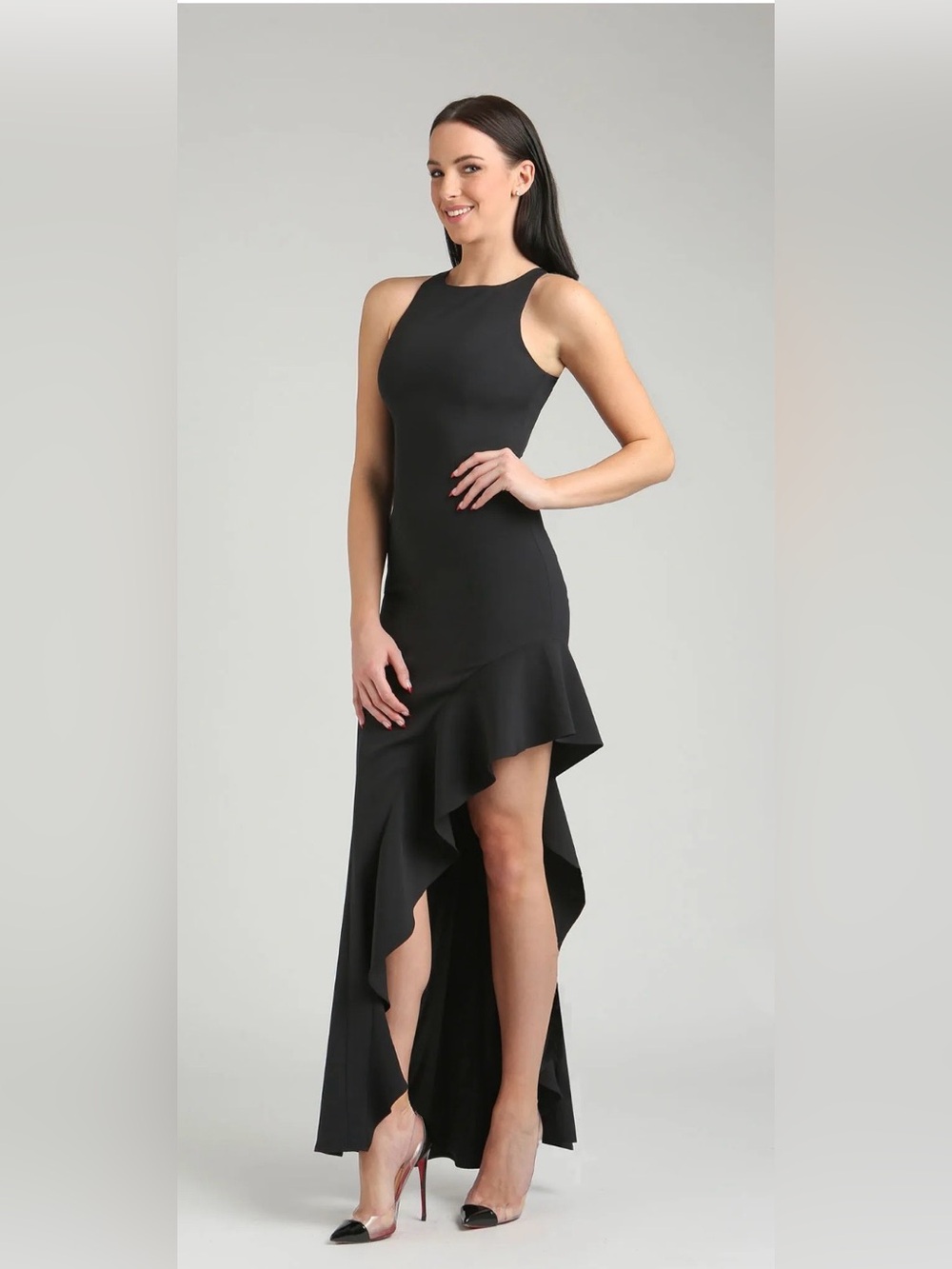 Jaygodfrey Black Asymmetric Halter Evening Dress, size 10